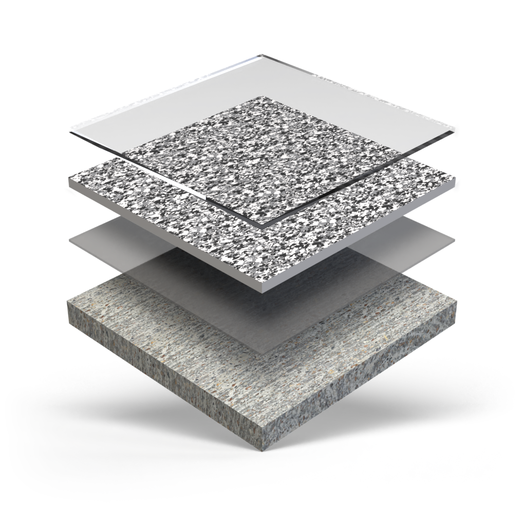 Exploded view of the flake system: clear topcoat, full-broadcast flake, basecoat, and concrete